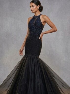 Jonathan Kayne Rhinestone Beaded  Black Halter Mermaid Gown Open Back Dress 14
